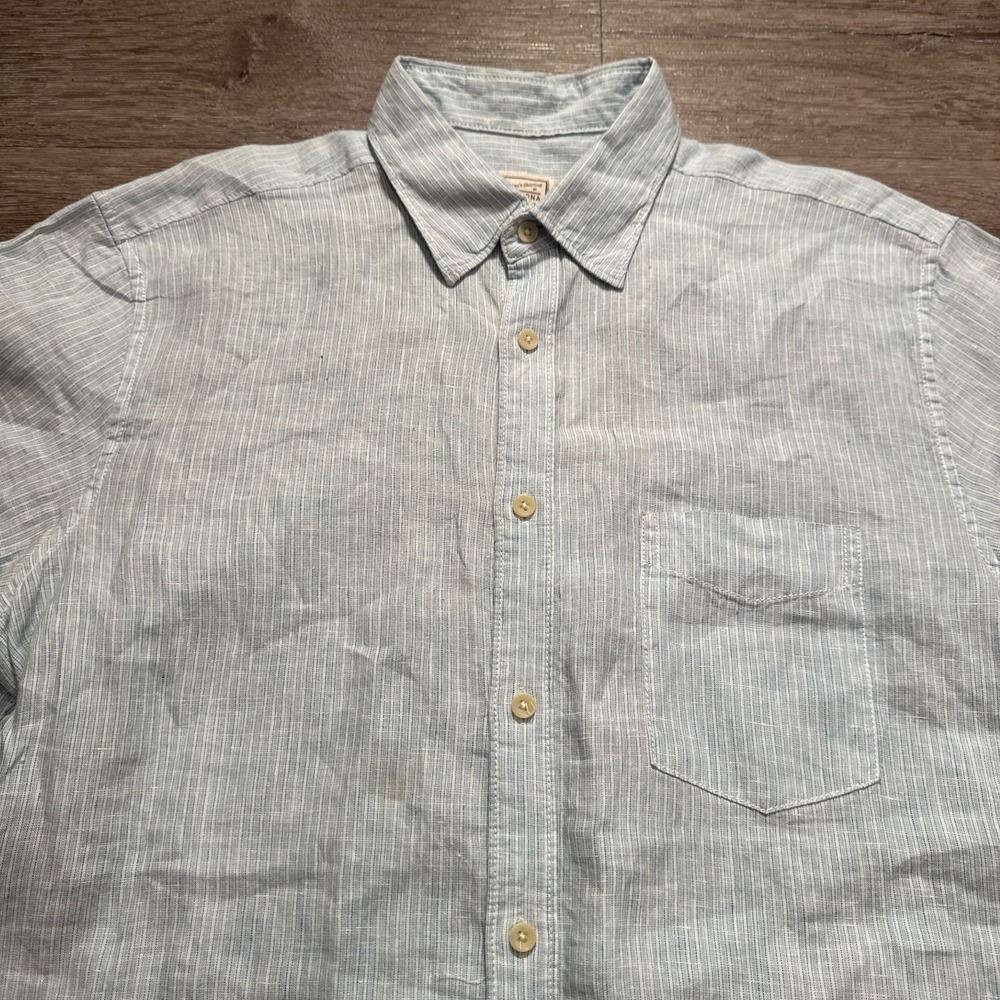Merona Shirt Mens Medium Blue Striped 100%‎ Linen Coastal Summer Vacation Beach
